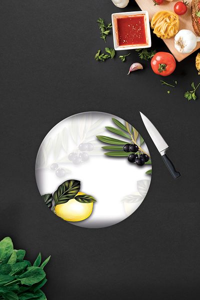 Decorita Olive and Lemon Pattern |   Glass Cutting Board - Glass Cutting Board |   Diameter32 cm