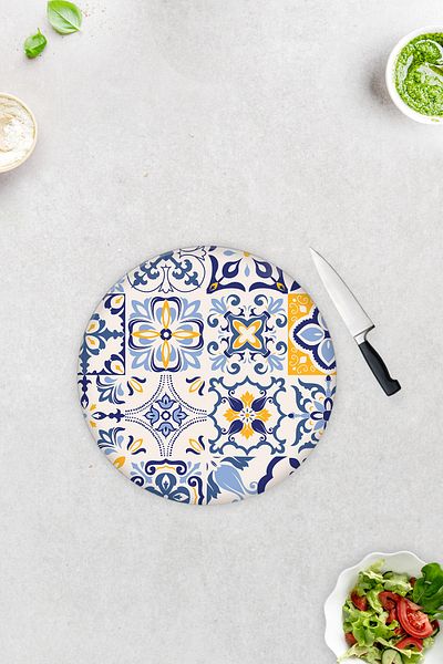 Decorita Blue Tile Pattern |   Glass Cutting Board - Glass Cutting Board |   Diameter32Cm