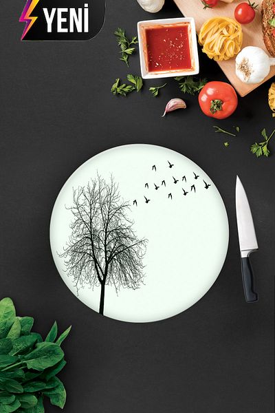 Decorita Tree and Bird Patterned |   Glass Cutting Board - Glass Cutting Board |   Diameter 32cm