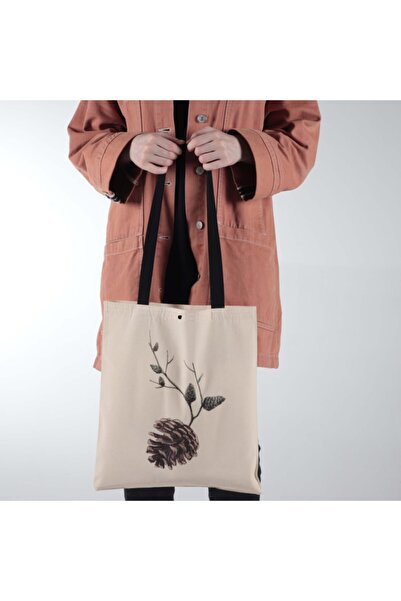 pamukcanta Kadın Krem Kozalak Tasarım Çıtçıtlı Bez Çanta