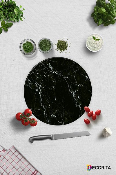 Decorita Black Marble Look |   Glass Cutting Board - Glass Cutting Board |   Circle Diameter 32cm