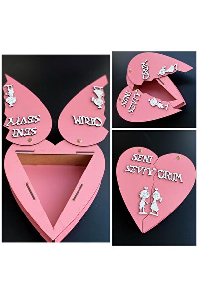 Genel Markalar Özel Ahşap Lazer Kesim Seni Seviyorum Kapaklı Hediye Kutusu Pembe
