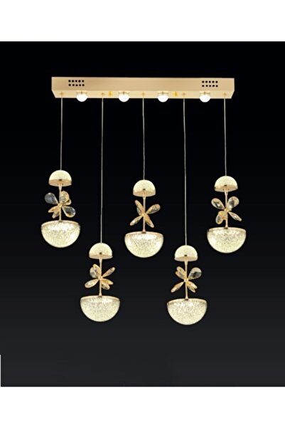 burenze Gold Sarı Luxury Modern Sarkıt Kelebek Taşlı Beşli Sıralı Led Avize