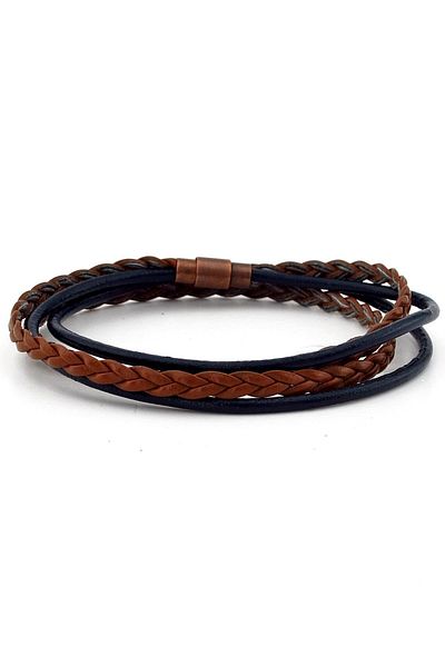 Solfera Men's Brown Navy Blue Tan Two Row Wrap Hair Braid Leather Bracelet M008f