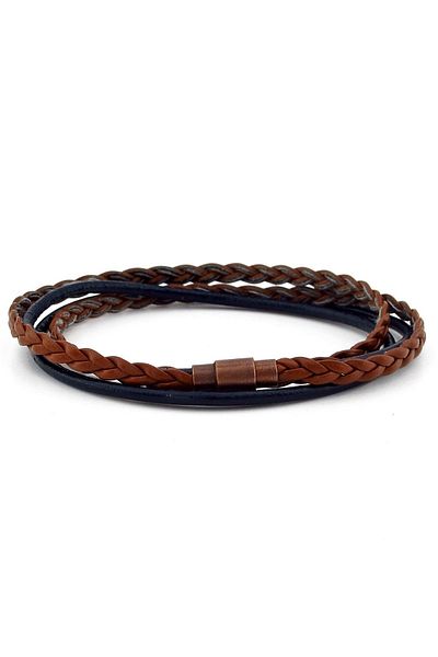 Solfera Men's Brown Navy Blue Tan Two Row Wrap Hair Braid Leather Bracelet M008f