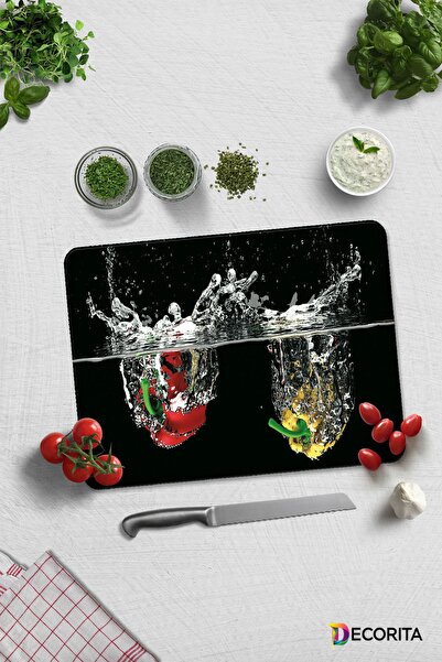 Decorita Su Ve Sebzeler | Cam Kesme Tahtası - Cam Kesme Tablası | 30cm X 40cm
