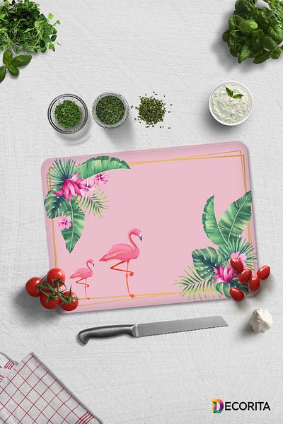 Decorita Tropical Leaves & Flamingo Patterned Glass Cutting Board - 30cm X 40cm