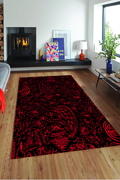 MODANOİVA Kırmızı Sanatsal Çizim Desenli Kaymaz Taban Yıkanabilir Halı