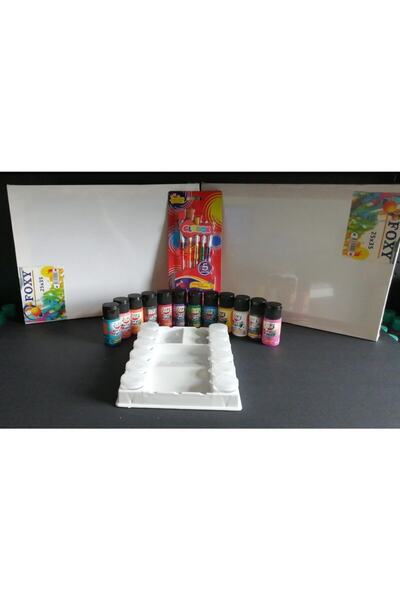 funny kids Akrilik Boya Seti 12 Renk+5li Fırça Seti+şişeli Palet+2 Adet Tuval 25x35