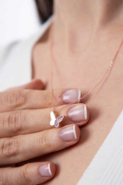 Elika Silver Kadın Beyaz Taş Detaylı Kelebek Model Gümüş Kolye 925 Ayar