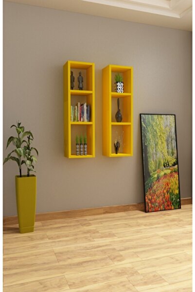 Dekormer Design Sarı Duvar Rafı Kitaplık Takım