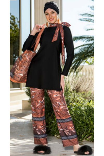 Armes Shawl Patterned Wide Leg Hijab Swimsuit / Brown