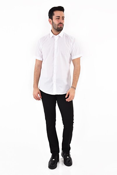 BZN Men's White Plain Short Sleeve Slim Fit Slim Fit Shirt