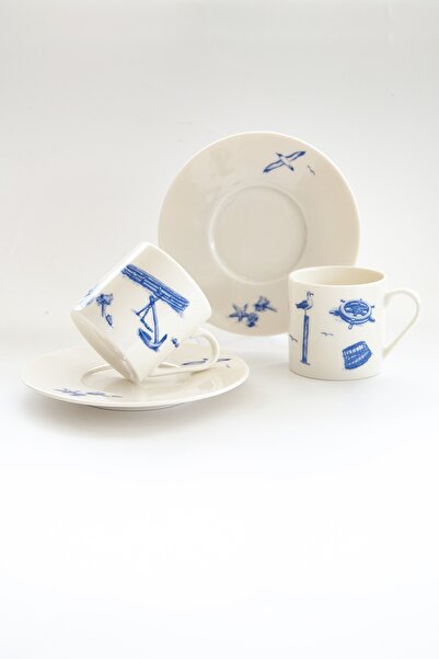 Bursa Porselen Dekor Sailor Pattern Coffee Cup Set for Two