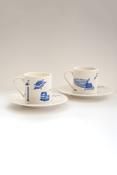 Bursa Porselen Dekor Sailor Pattern Coffee Cup Set for Two