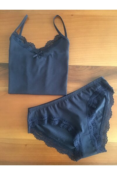 LEYNA BUTİK Жіночий темно-синій комплект з мереживними бретельками та трусиками