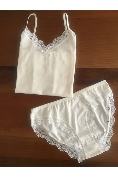 LEYNA BUTİK Women's Ecru Lace Rope Strapped Athlete Panties Set