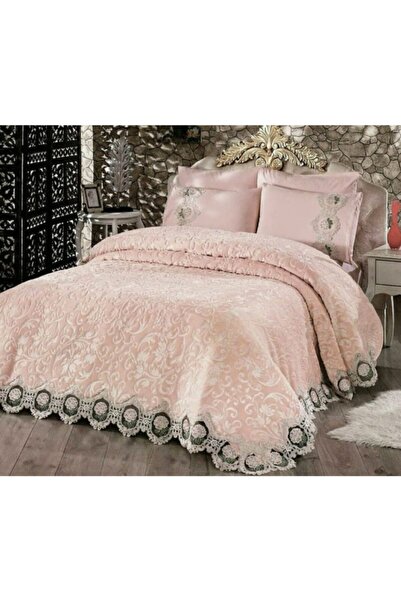 ELVİRAHOME Luxury Double Dowry French Lace Laced Blanket Set Bedspread Set Powder