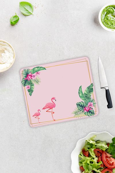 Decorita Glass Cutting Board with Tropical Leaves and Flamingo Pattern - 29cm X 34cm