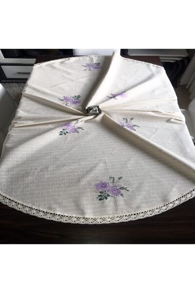 Yavuz Tekstil Purple Cross Stitch Lace Round Tablecloth 160x600 cm