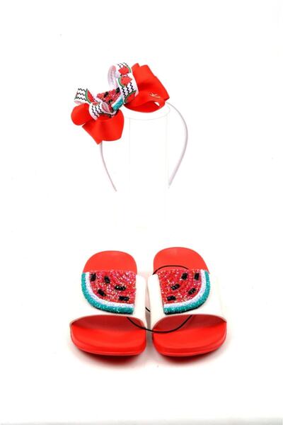 QUEEN AKSESUAR Girl's Summer Season Luxury Special Design Glittery Sequin Watermelon Slippers Set Bow Crown