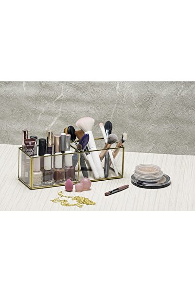 Ahşap Fikir Dual Gold Organizer Makyaj Malzemesi Cam Kutu