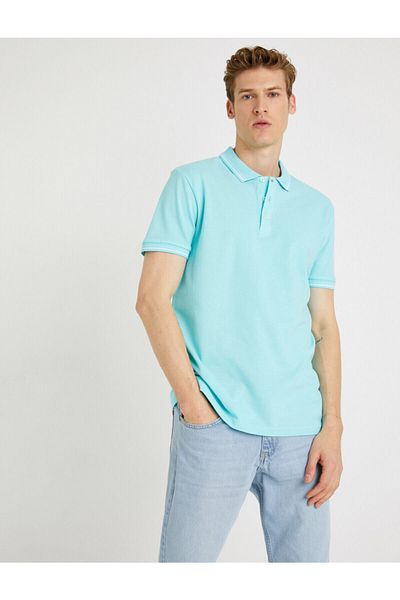 Koton Tricou albastru cu gât polo pentru bărbați, cu mânecă scurtă din bumbac