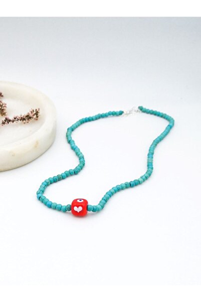 camADA Kırmızı Kalp Nazarlık Kare Boncuklu Turkuaz Gümüş Kolye