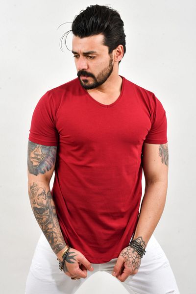 DeepSEA Мъжка тениска с V-образно деколте от бордо ликра - Slim Fit 1801165