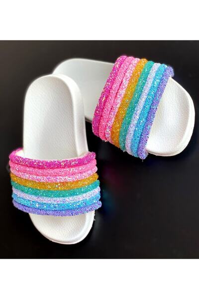 QUEEN AKSESUAR Girl's Special Design Luxury Colorful Rainbow Rainbow Glitter Sequin Shiny Crown Slippers Set