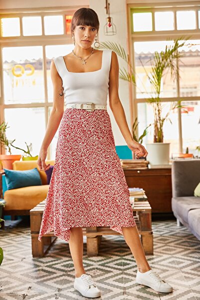 Olalook Női piros virágos aszimmetrikus mintás szoknya ETK-19000122