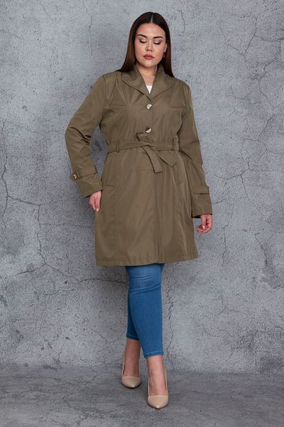 Şans Women's Large Size Khaki Front Buttoned Lined Trench Coat 65n23960