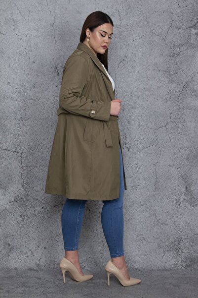 Şans Women's Large Size Khaki Front Buttoned Lined Trench Coat 65n23960