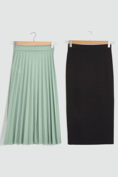 Essah Moda Kadın Siyah Kalem - Mint Yeşil Piliseli Uzun Etek