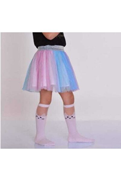 Pembe Kedili Çocuk Çorap Çocuk Dizaltı Çorap Çocuk Kedili Dizaltı Çorap Tüllü Çorap