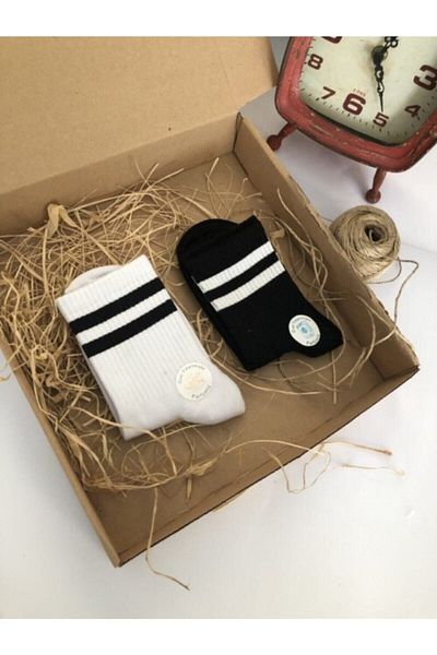 çorapdunyam Unisex Black and White Trend Tennis College Socks 2 Pack Lo45895