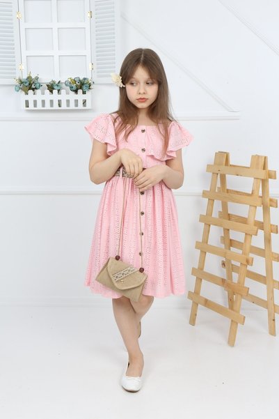 şımarık kids Belted All-over Buttoned Lace Dress with Bag