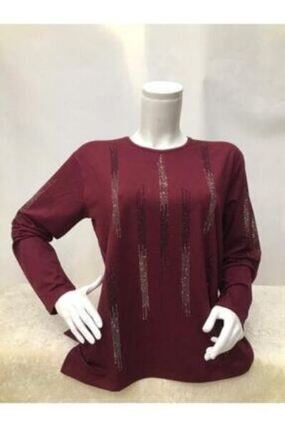 Nacar Kadın Bordo Taşlı Penye Bluz