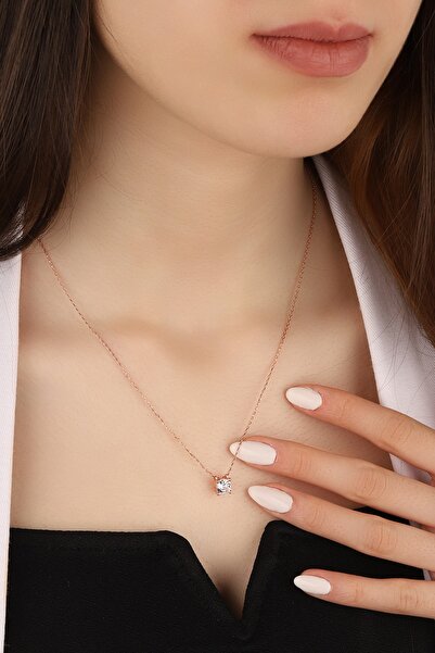 Lia Berto Kadın Rose Kaplama Tektaş 925 Ayar Gümüş Kolye