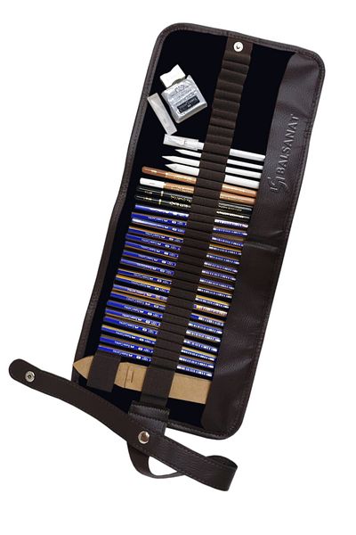 BAL SANAT 32 Piece Roll Pen Holder Sketching Set And A5 Paper