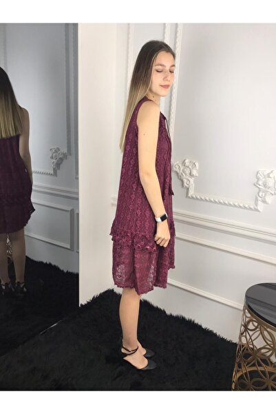 Bohemian Kadın Bordo Etek Ucu Fırfırlı Kolsuz Dantelli Elbise