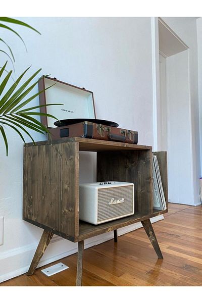 Master Hands Wooden Plaque and Turntable Table, Mid-Century Modern Table
