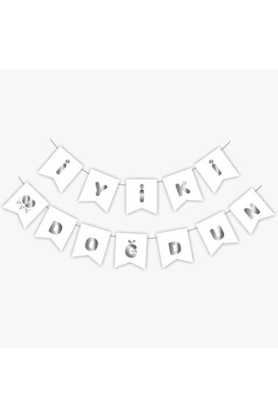 PARTİSERÜVENİ راية عيد ميلاد سعيد باللون الأبيض مع كتابة فضية