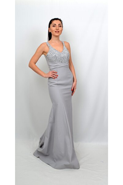 ALİS DRESS Taş Işlemeli Sırt Detaylı Gri Abiye