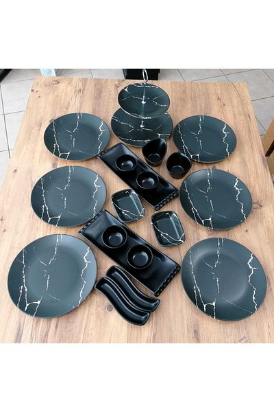 Keramika Set Breakfast Matte Black Marble Pattern 19 Pieces for 6 People