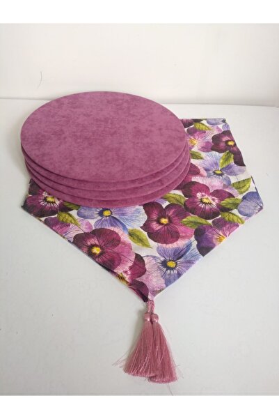 Ayşemce Лилаво-виолетов пътеки с мотиви, 4 тъмнорозови подложки за маса