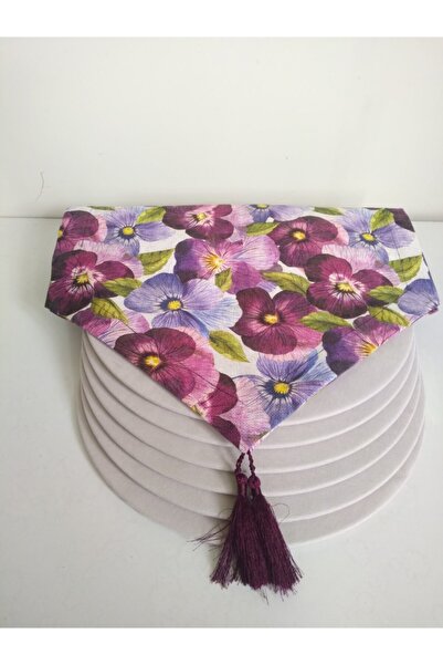 Ayşemce Runner cu model violet violet, 6 plăci de culoare bej deschis