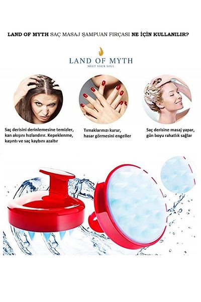 LAND OF MYTH فرشاة استحمام شامبو لتدليك فروة الرأس وتدليك فروة الرأس من السيليكون الناعم - للبالغين والأطفال - للحيوانات الأليفة - أحمر