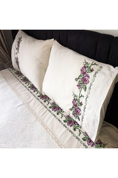 Yavuz Tekstil Double Cross Stitch Embroidered Pique Set - Plum