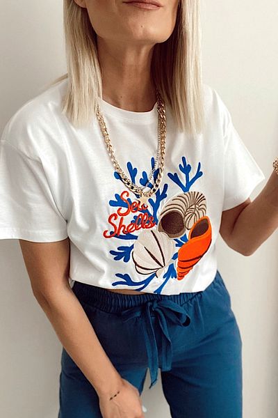 FEMELLE Tricou alb din bumbac cu broderie scoici de damă